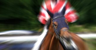 Blurred Jockey Wearing Red and White Silks
