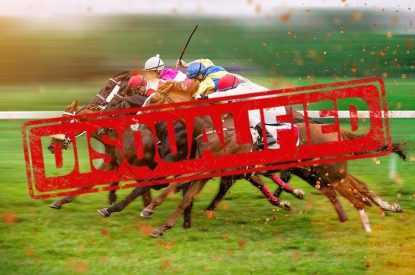 Disqualified Stamps Across Horse Race with Riders Whip Raised