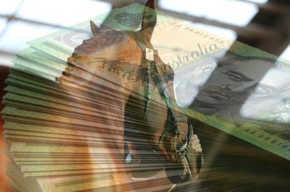 Stack of Australian Dollars Against Chestnut Racehorse