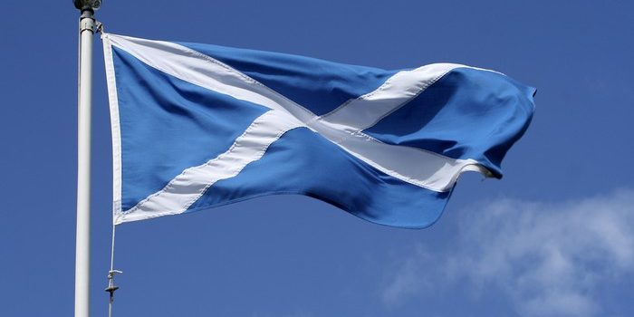 Flag of Scotland on Pole Against Blue Sky