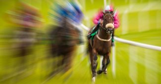 Horse with Jockey in Pink Silks in Motion Blurred Race
